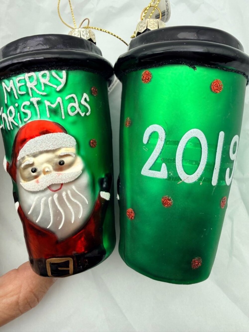 Macy's Glass Ornaments Holiday Lane 2019 Santa Christmas Green Coffee Cup -2 - Picture 2 of 9